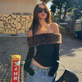 Leopard Print Patchwork One-Shoulder Long-Sleeved Top T-shirt